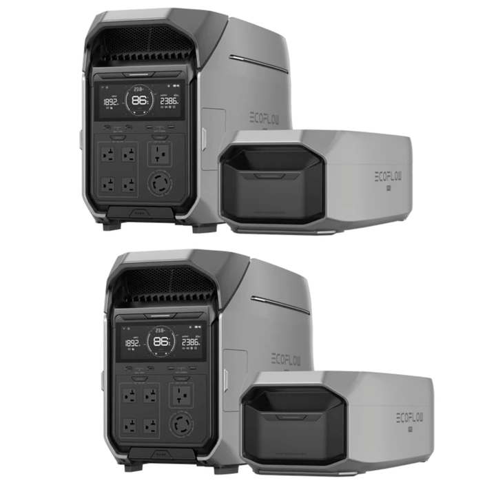 EcoFlow DELTA Pro portable power stations with two units and two smart extra batteries for reliable outdoor power supply.