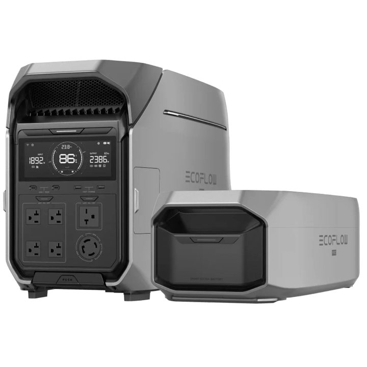 EcoFlow DELTA Pro 3 portable power stations with extra battery, showing multiple units and battery pack for backup power.