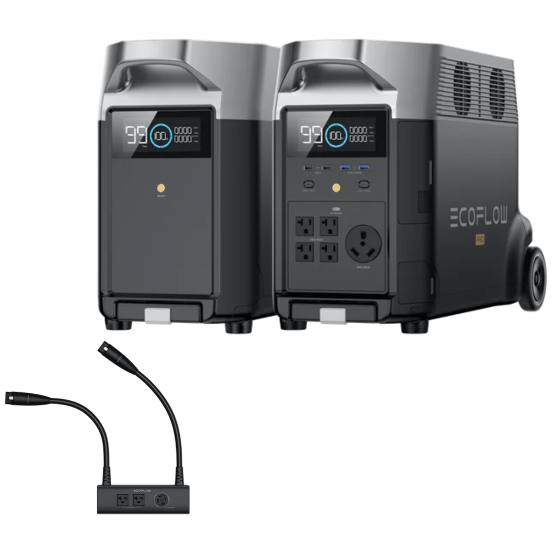 EcoFlow DELTA Pro portable power station with extra battery and double voltage hub, showing multiple charging ports and digital display