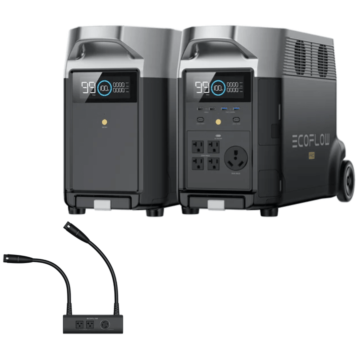 EcoFlow DELTA Pro portable power station with extra battery and double voltage hub, showing multiple charging ports and digital display