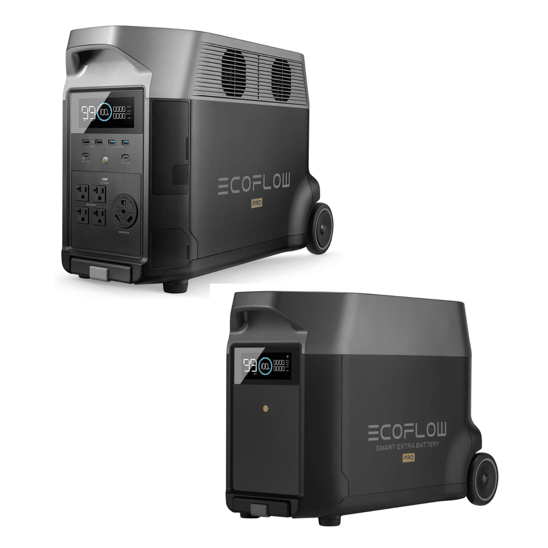 EcoFlow DELTA Pro portable power station with extra battery and 400W solar panel, 3600Wh capacity for outdoor energy needs.