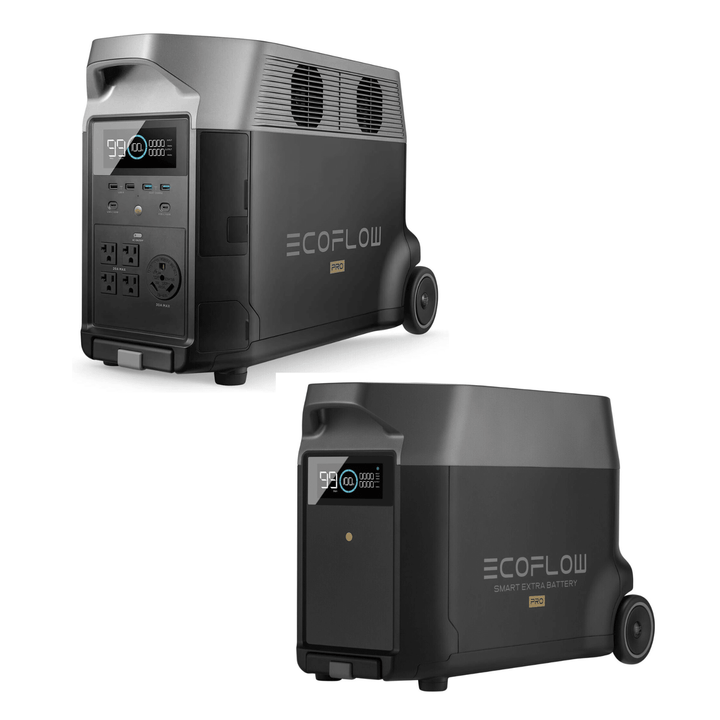 EcoFlow DELTA Pro portable power station with extra battery and 400W solar panel, 3600Wh capacity for outdoor energy needs.