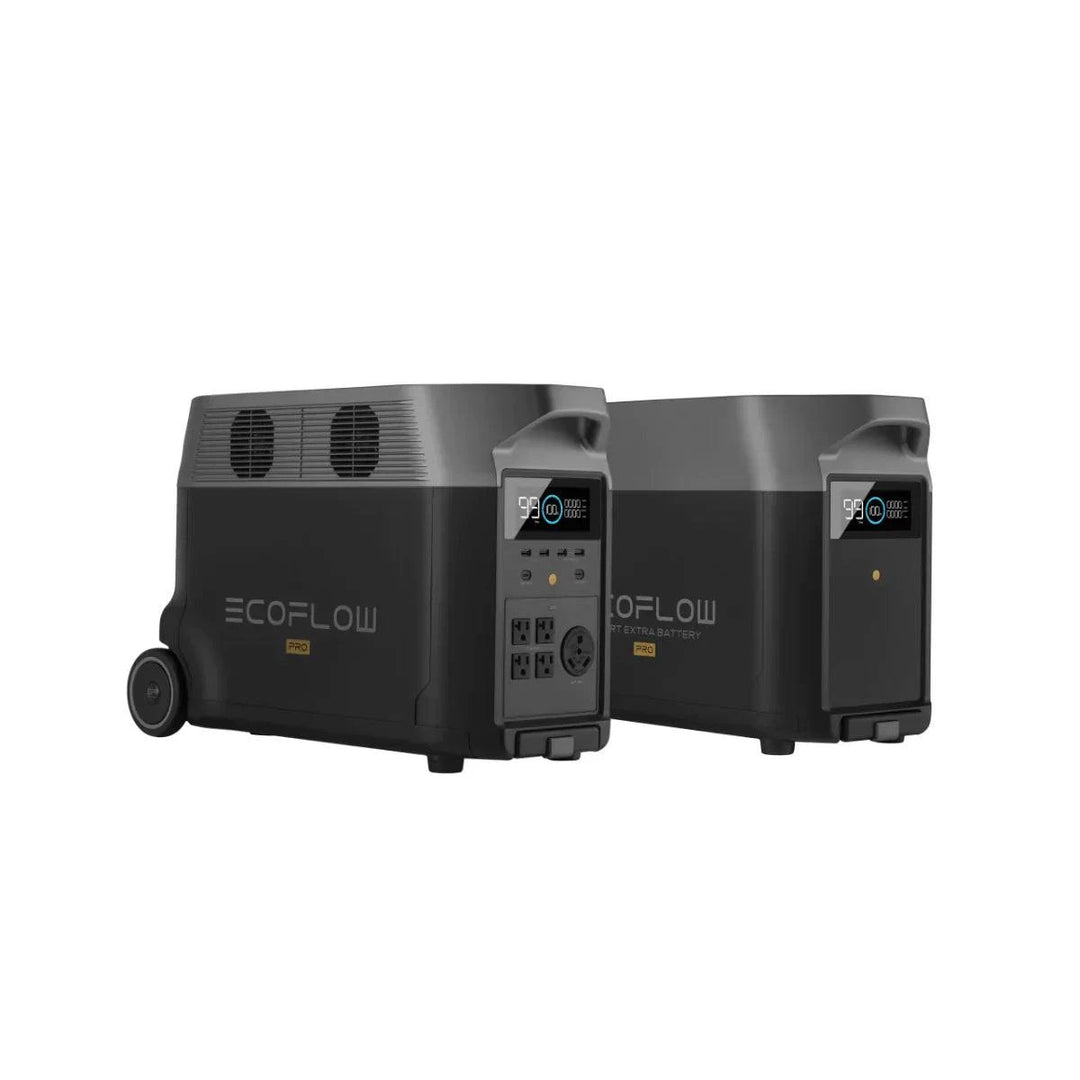 EcoFlow DELTA Pro portable power station with extra battery and 400W solar panel, 3600Wh capacity for off-grid energy.