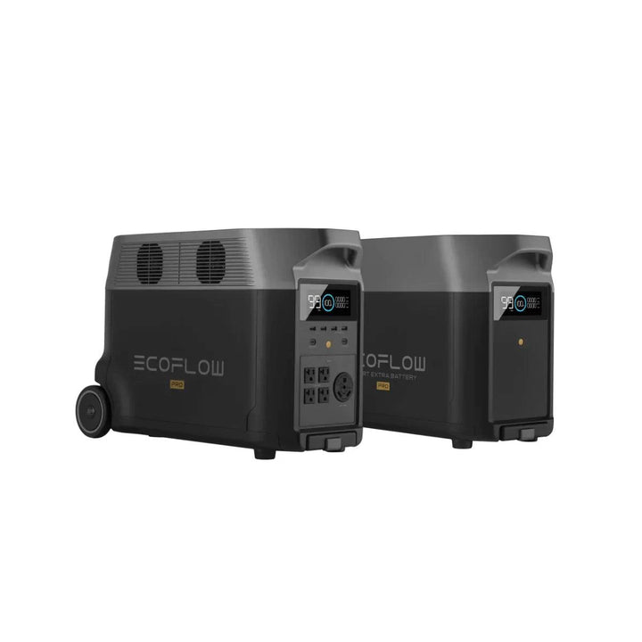 EcoFlow DELTA Pro portable power station with extra battery and 400W solar panel, 3600Wh capacity for off-grid energy.