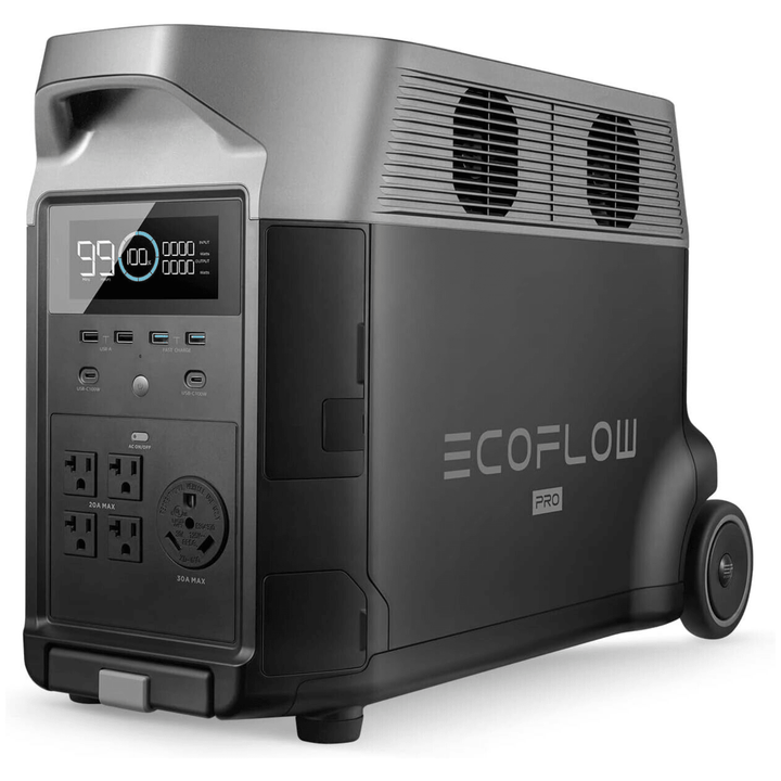 EcoFlow DELTA Pro portable power station with extra battery and 400W solar panel, 3600Wh capacity for portable energy.
