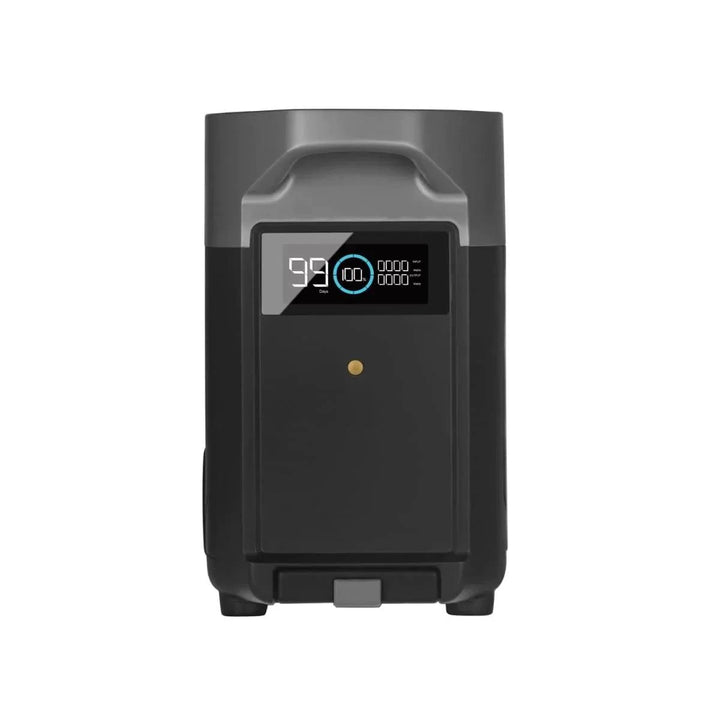 EcoFlow DELTA Pro portable power station with extra battery and 400W solar panel showing multiple ports and display screen.