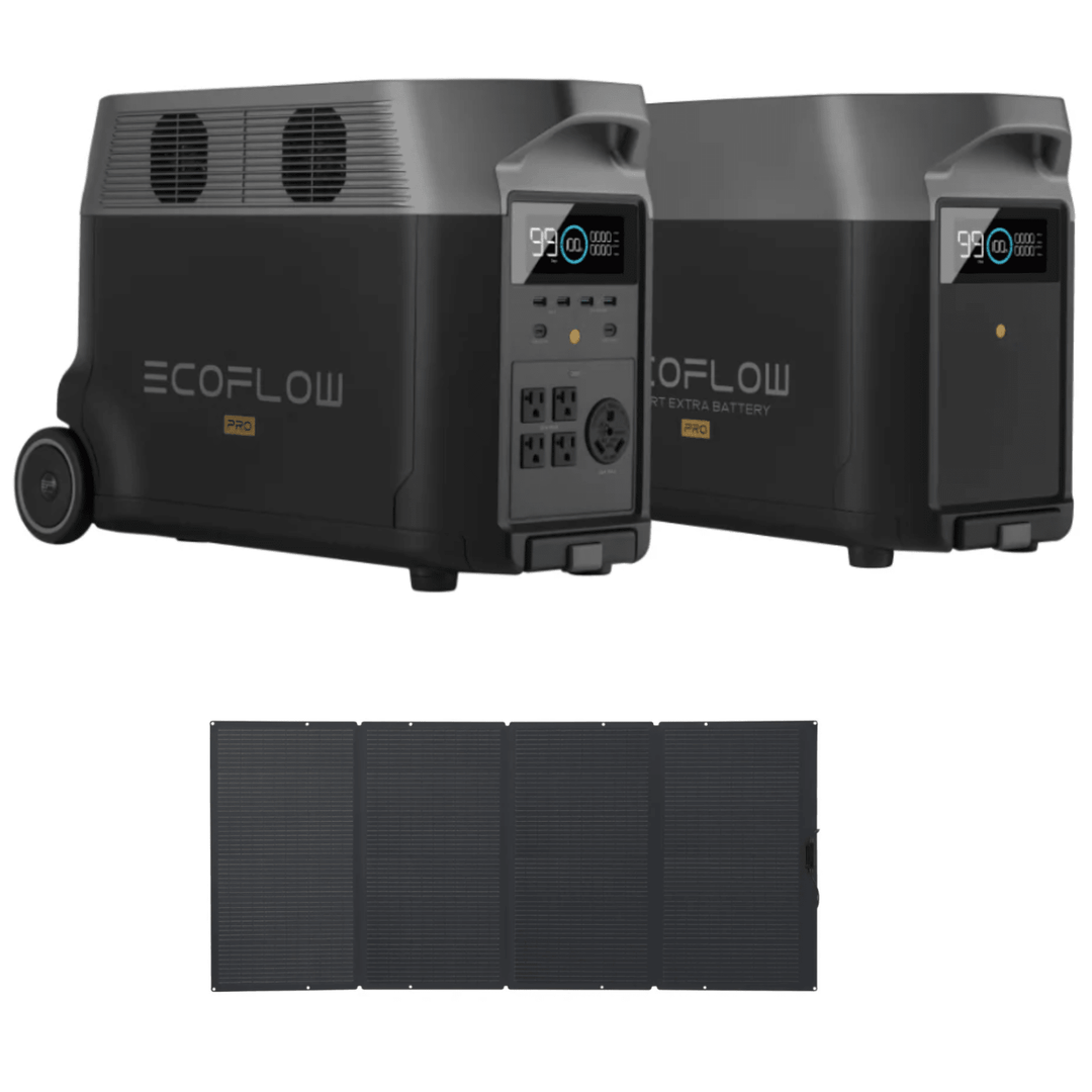 EcoFlow DELTA Pro portable power station with extra battery and 400W solar panel, 3600Wh capacity for off-grid energy.