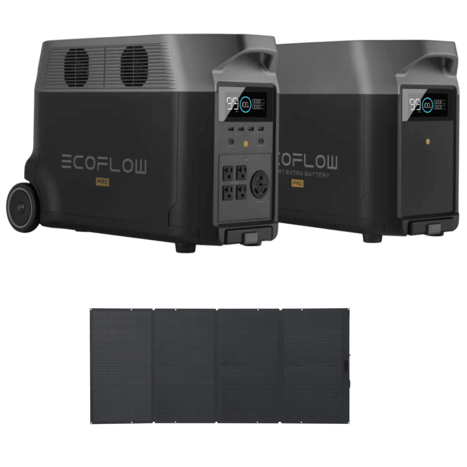 EcoFlow DELTA Pro portable power station with extra battery and 400W solar panel, 3600Wh capacity for off-grid energy.