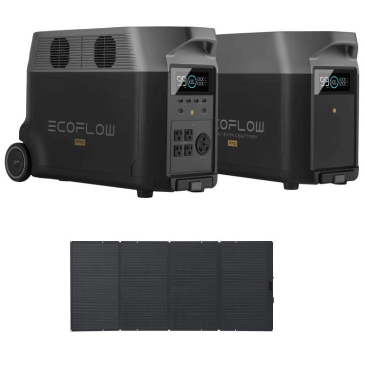 EcoFlow DELTA Pro portable power station with extra battery and 400W solar panel, 3600Wh capacity for off-grid energy.