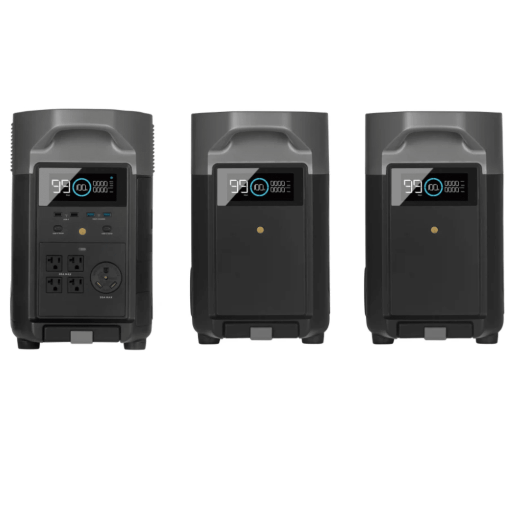 Two EcoFlow Delta Pro portable power stations with two extra batteries, showcasing their compact design and multiple charging ports.
