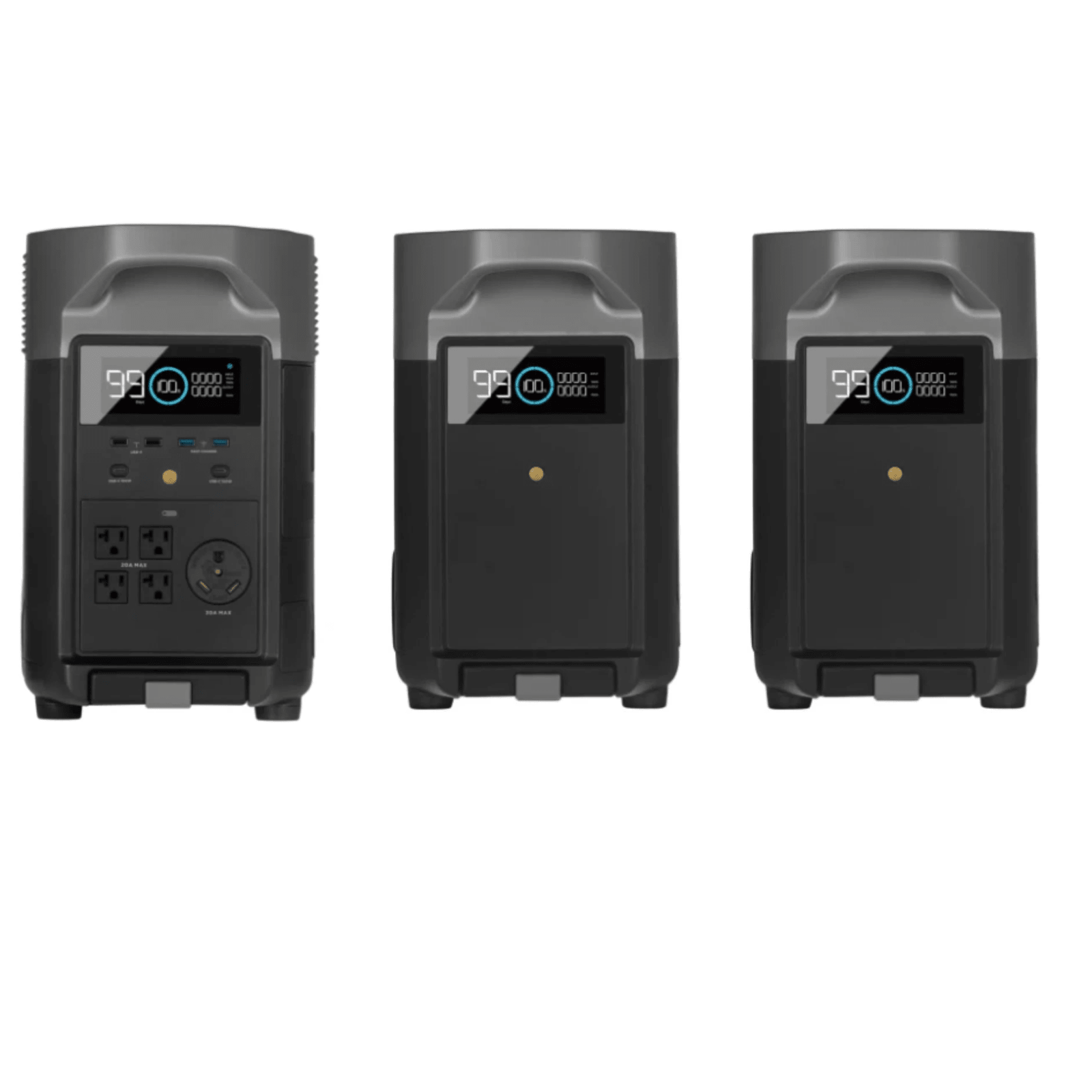 EcoFlow Delta Pro portable power station with two units and two extra batteries, showing multiple charging ports and digital display