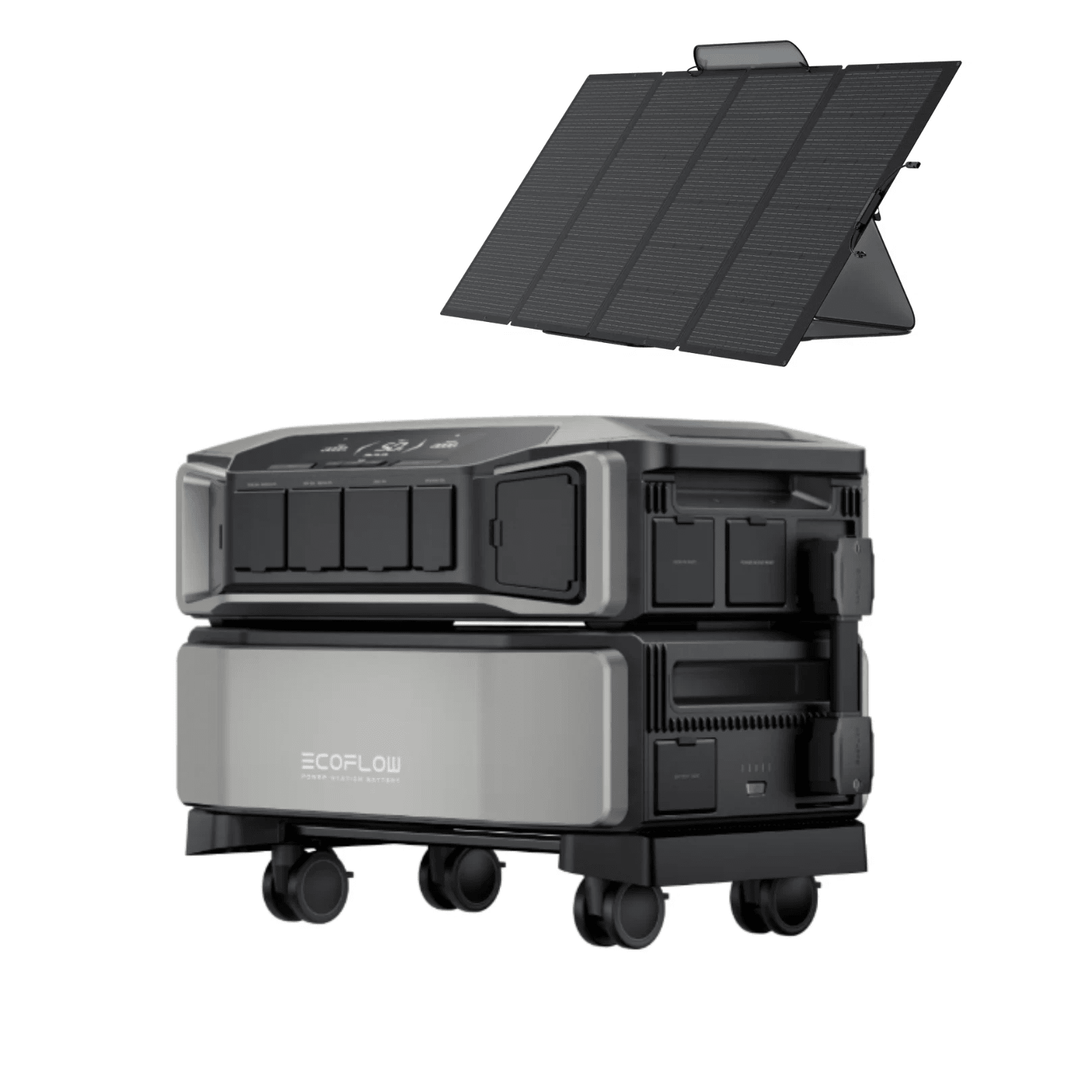 EcoFlow DELTA Pro Ultra portable power station with two units, extra battery, and a 400W solar panel for renewable energy.