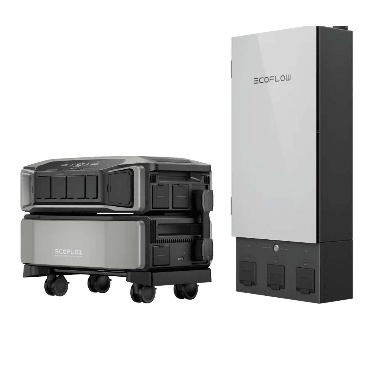 EcoFlow DELTA Pro Ultra portable power station with two units, extra battery, and Smart Home Panel 2, showing multiple charging ports.