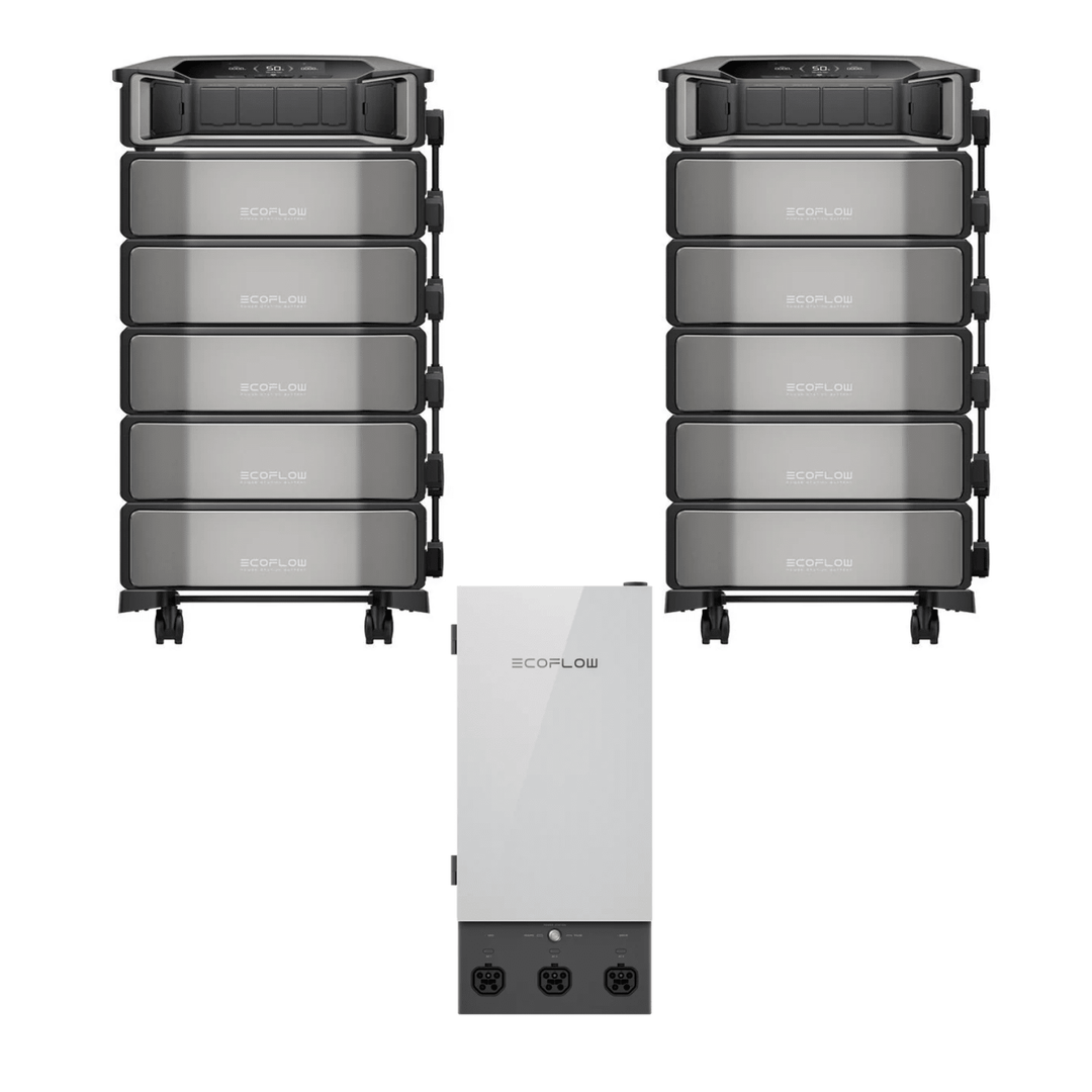 EcoFlow Delta Pro Ultra portable power station with two units, ten batteries, and Smart Home Panel, shown with connected power setup.