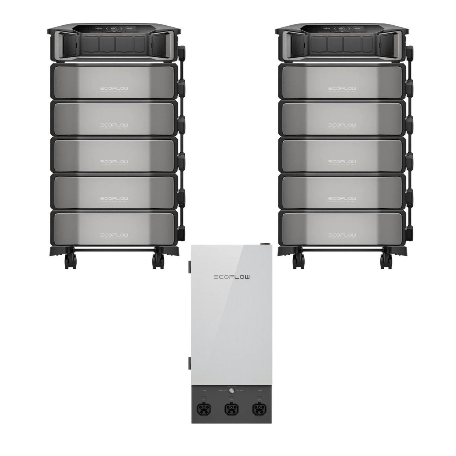 EcoFlow Delta Pro Ultra portable power station with two units, ten batteries, and Smart Home Panel, shown with connected power setup.