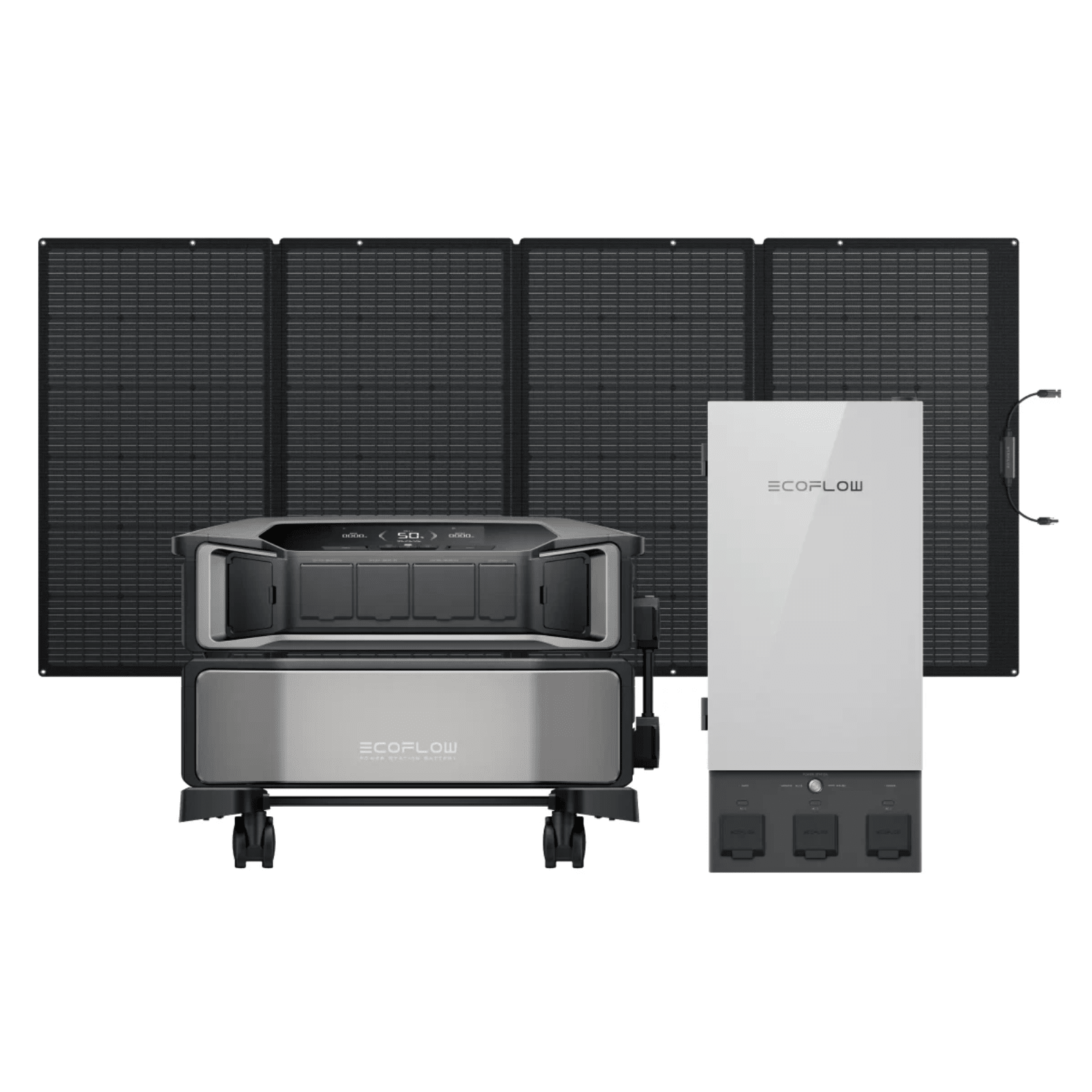EcoFlow DELTA Pro Ultra portable power stations with two units, 400W solar panel, and Smart Home Panel 2 on a clean surface.