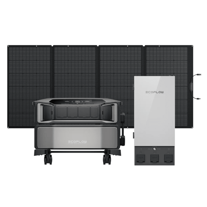 EcoFlow DELTA Pro Ultra portable power stations with two units, 400W solar panel, and Smart Home Panel 2 on a clean surface.