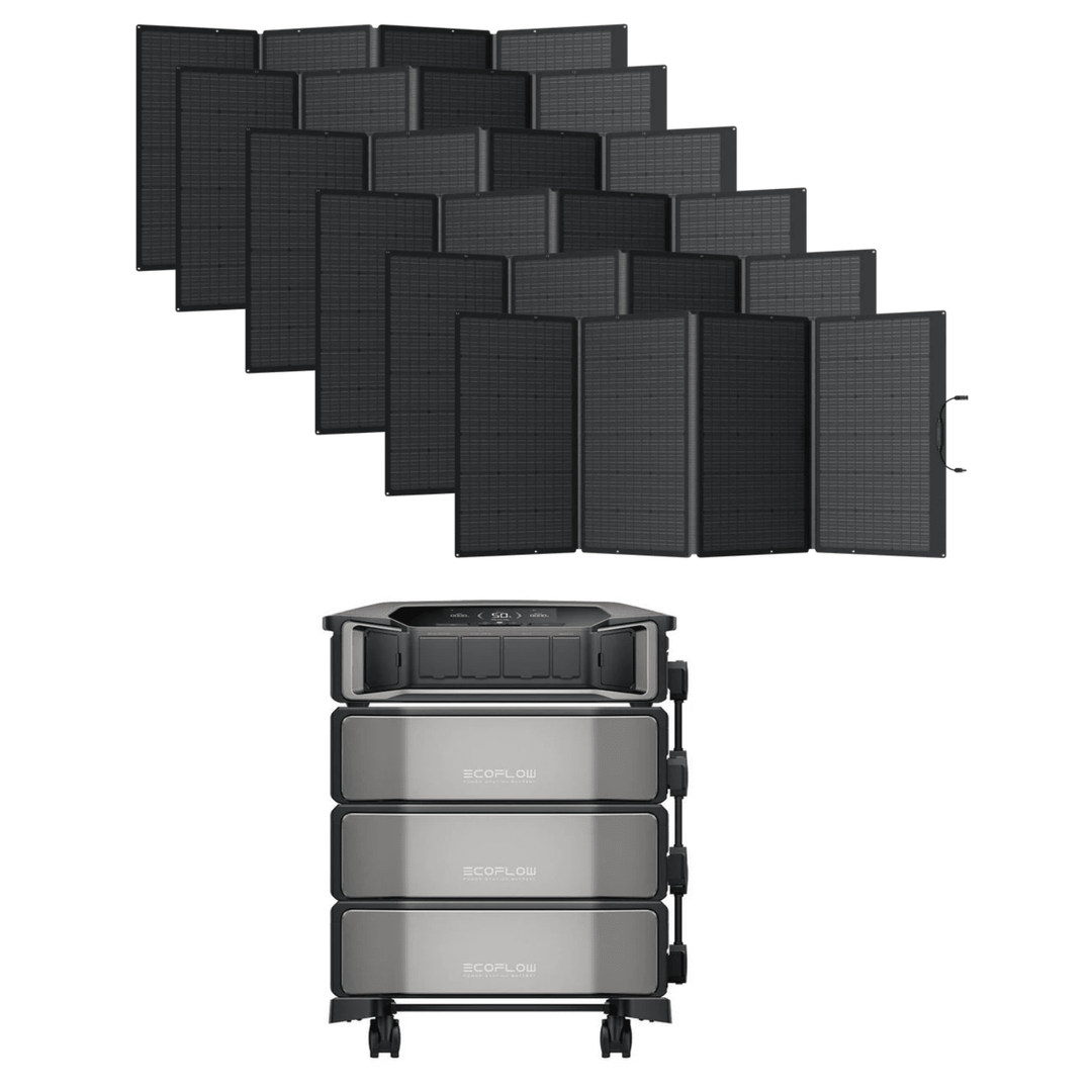 EcoFlow Delta Pro Ultra portable power station with three batteries and six 400W solar panels for off-grid energy.