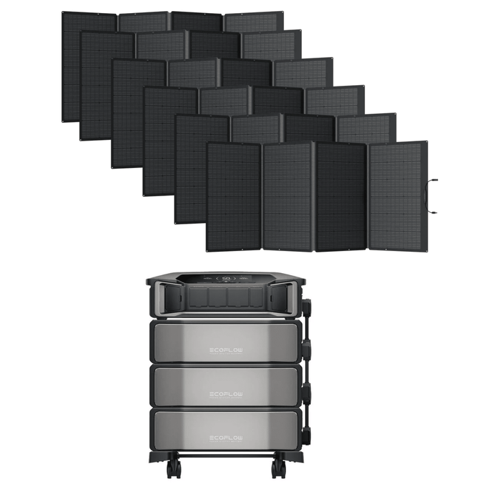 EcoFlow Delta Pro Ultra portable power station with three batteries and six 400W solar panels for off-grid energy.