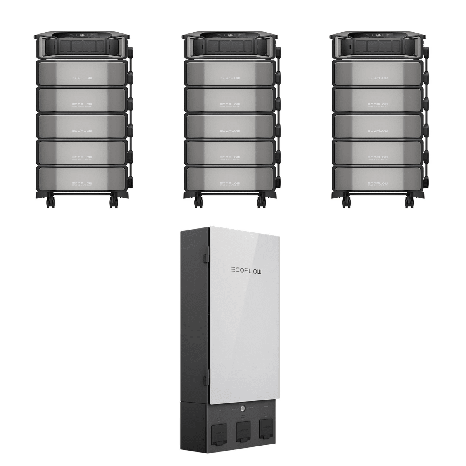 Three EcoFlow Delta Pro Ultra portable power stations with 15 batteries and Smart Home Panel 2, showing control panels and charging ports.