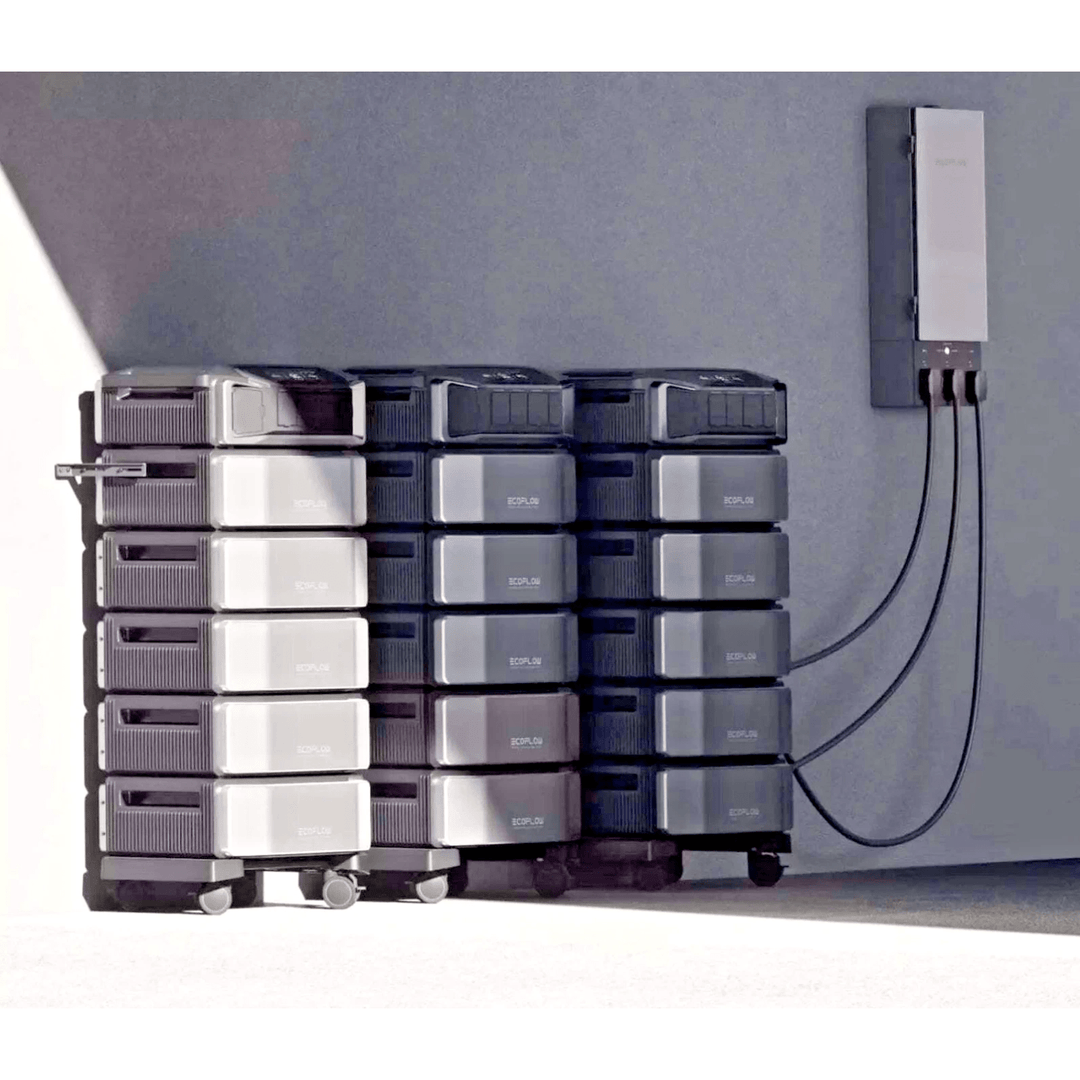 EcoFlow Delta Pro Ultra portable power stations with 15 batteries and Smart Home Panel, showcasing multiple units and inverter components.