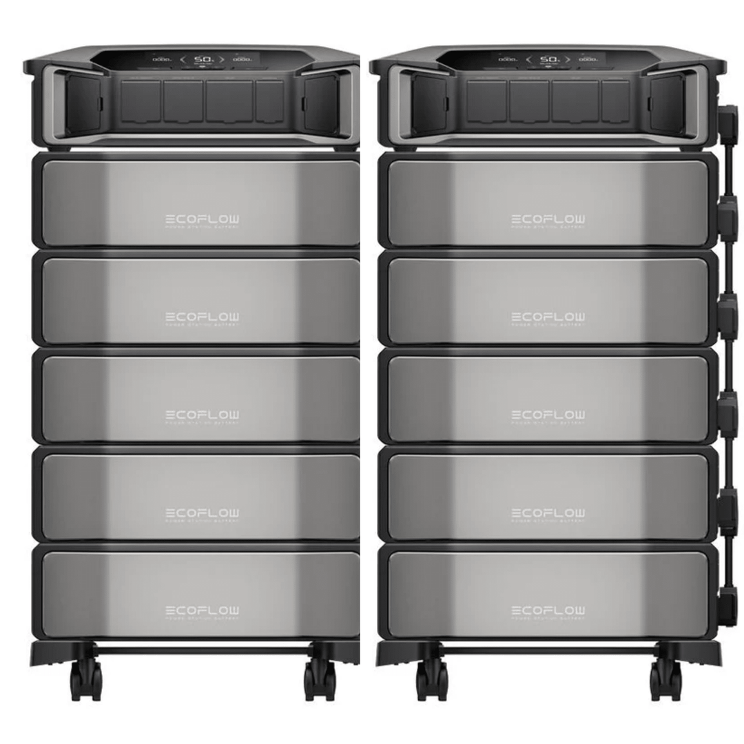 EcoFlow Delta Pro Ultra portable power stations with two units and ten extra batteries, showing the large inverter and battery setup.