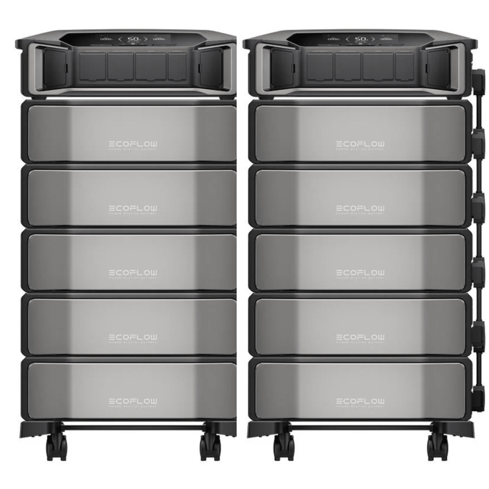 EcoFlow Delta Pro Ultra portable power stations with two units and ten extra batteries, showing the large inverter and battery setup.