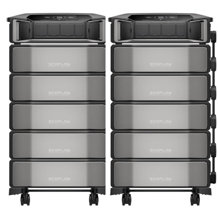 EcoFlow Delta Pro Ultra portable power stations with two units and ten extra batteries, showing the large inverter and battery setup.