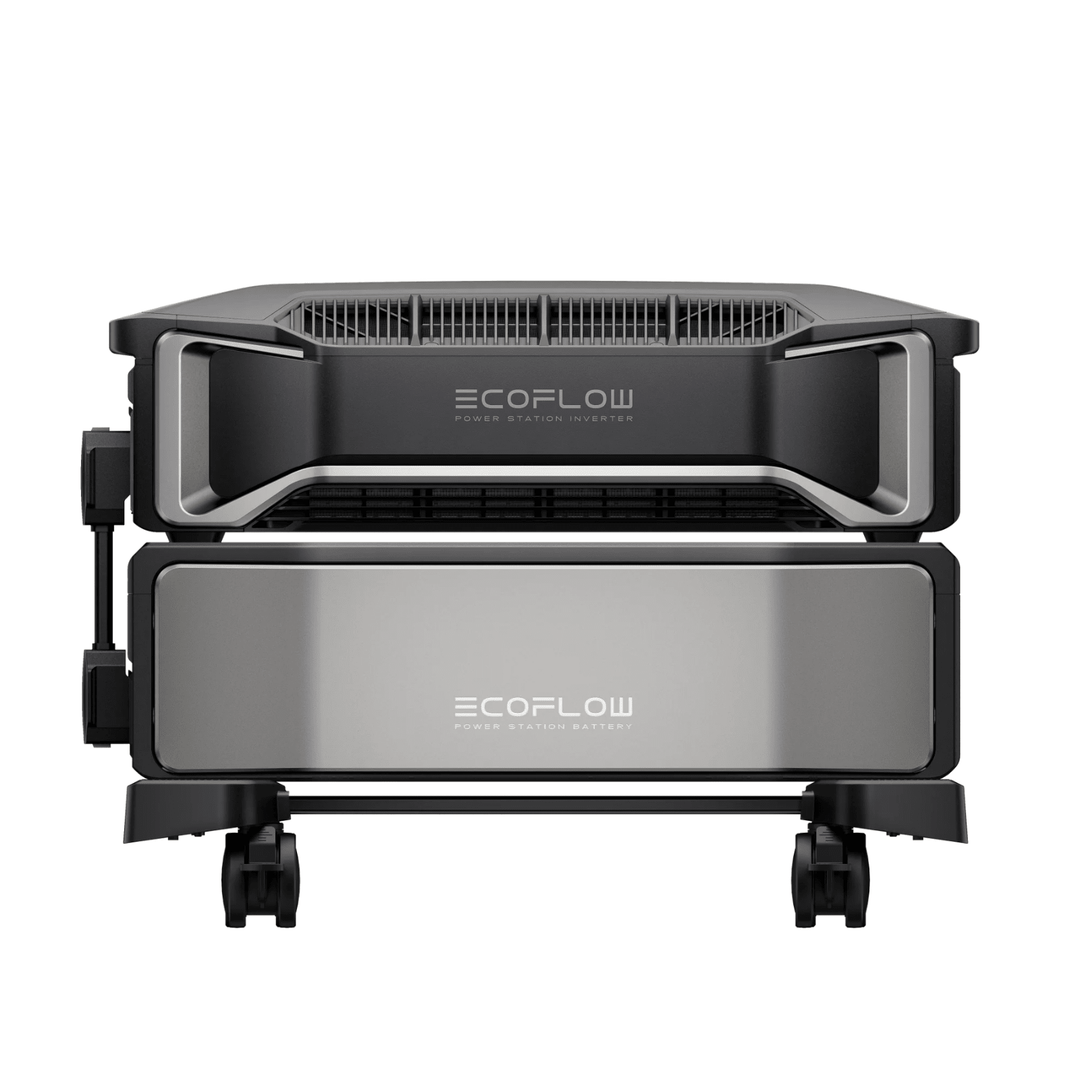 EcoFlow Delta Pro Ultra portable power station with two units and eight extra batteries, showcasing the inverter and charging ports.