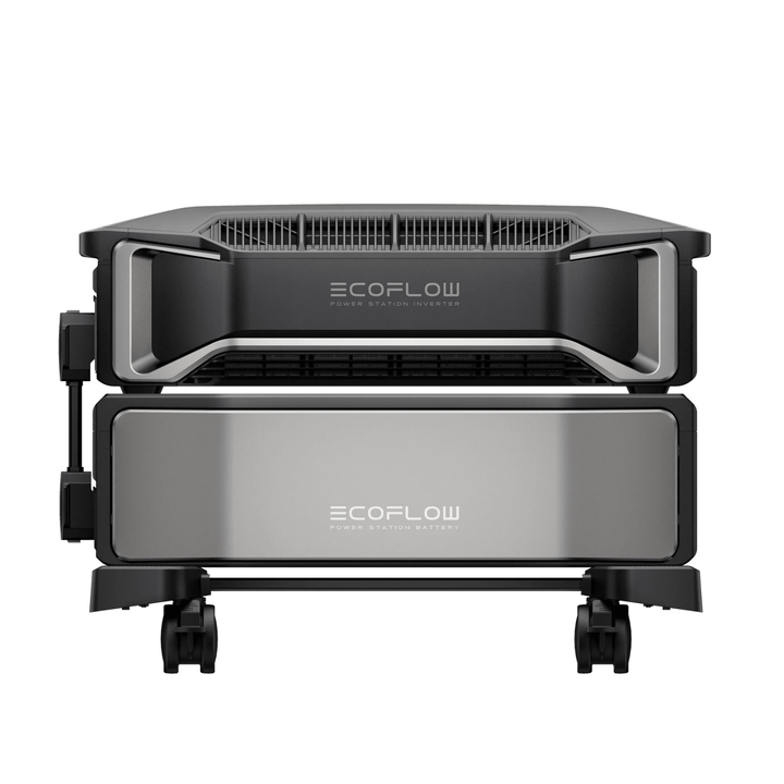 EcoFlow Delta Pro Ultra portable power station with two units and eight extra batteries, showcasing the inverter and charging ports.