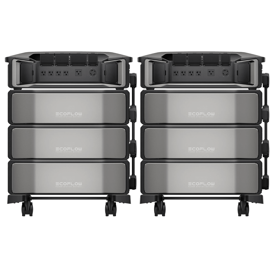 EcoFlow Delta Pro Ultra portable power station with two units and six extra batteries, showcasing inverter and battery components.