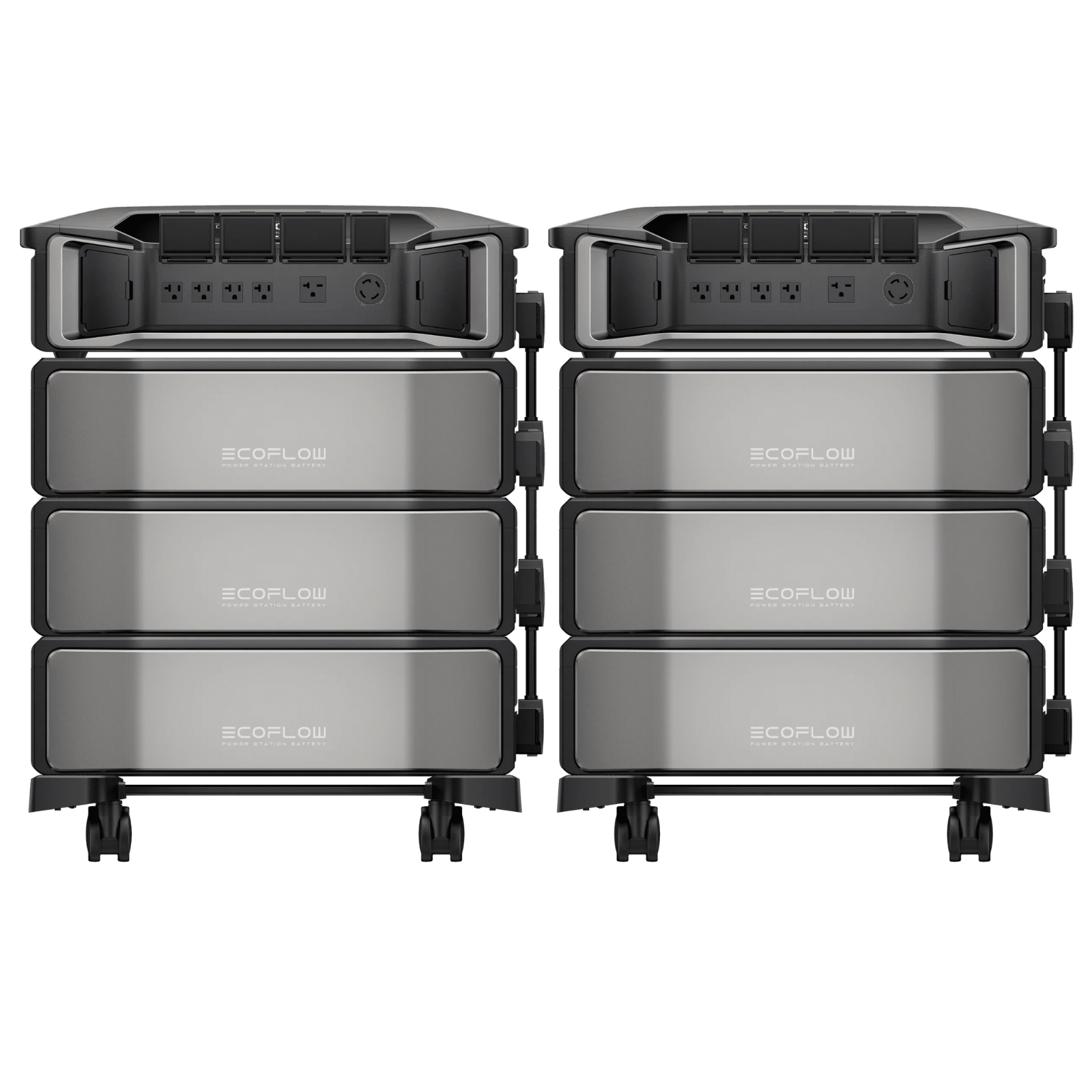 EcoFlow Delta Pro Ultra portable power station with two units and six extra batteries, showcasing inverter and battery components.