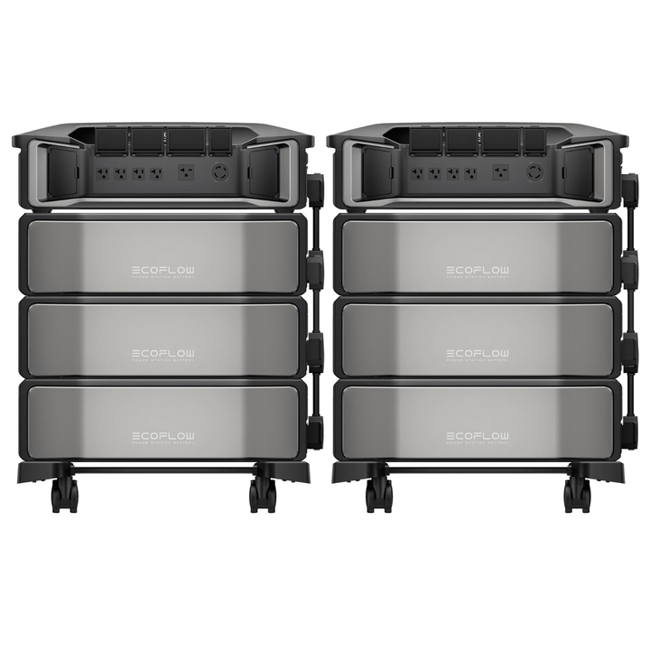 EcoFlow Delta Pro Ultra portable power station with two units and six extra batteries, showcasing inverter and battery components.