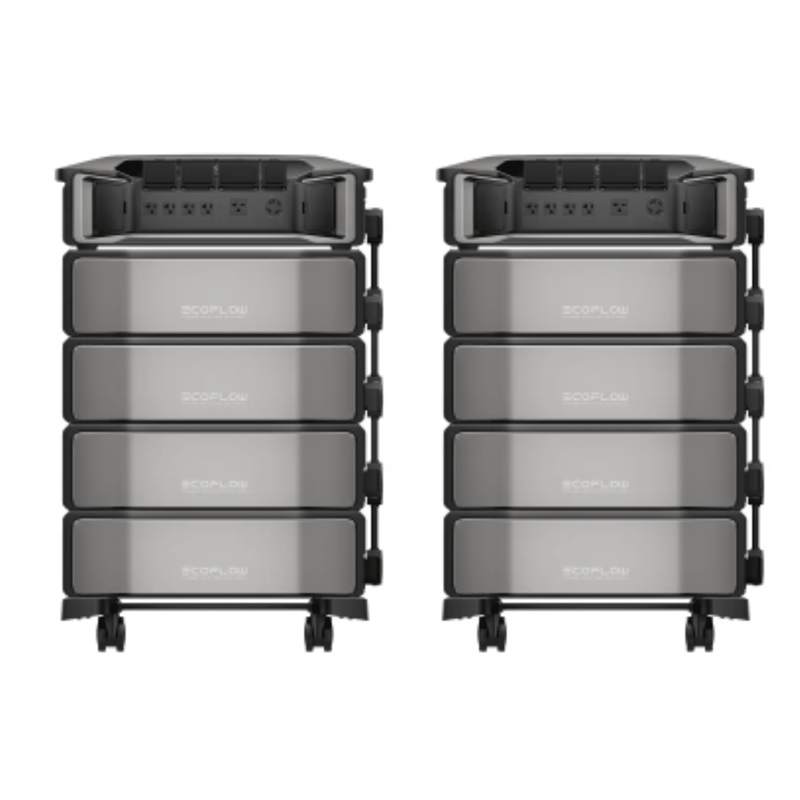 EcoFlow Delta Pro Ultra portable power station with two units and eight extra batteries, showcasing its inverter and large capacity.