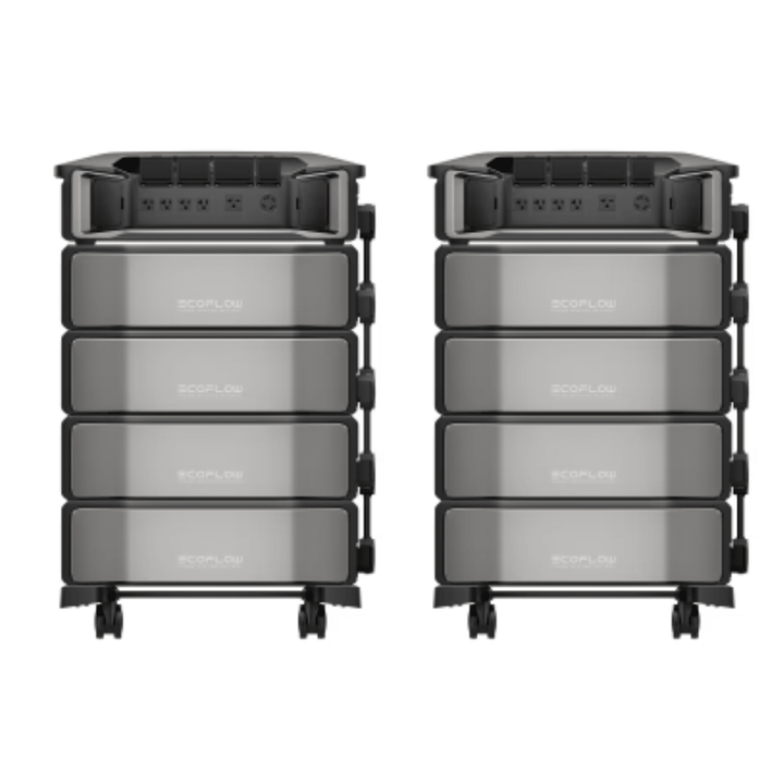 EcoFlow Delta Pro Ultra portable power station with two units and eight extra batteries, showcasing its inverter and large capacity.