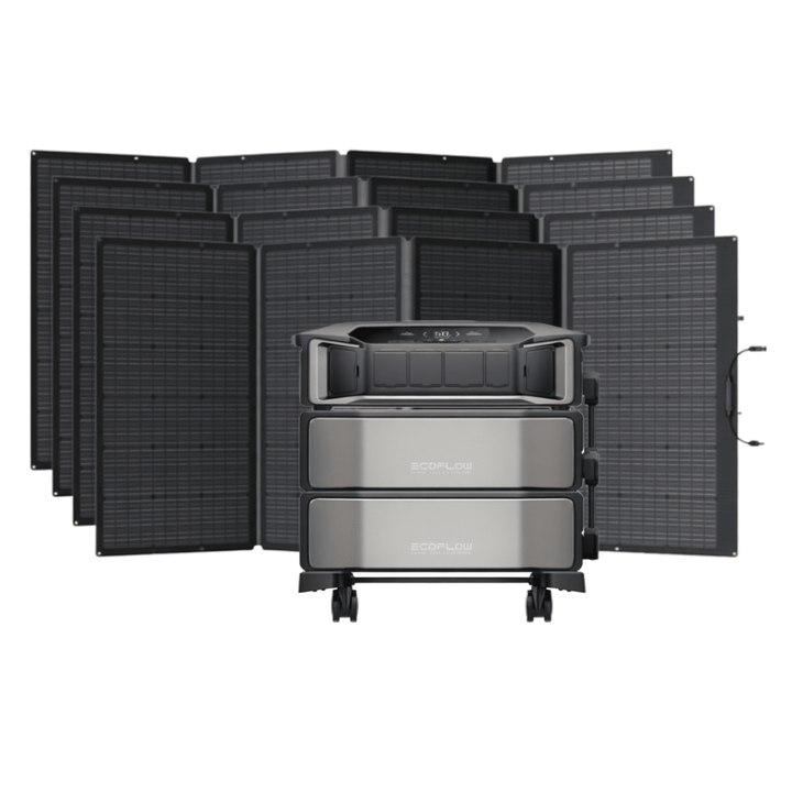 EcoFlow Delta Pro Ultra portable power station with four batteries and four 400W solar panels for off-grid energy.