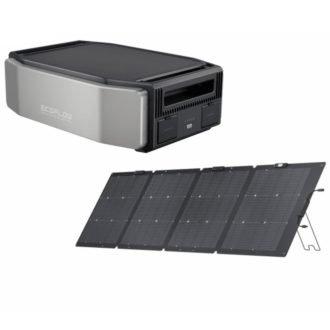EcoFlow DELTA Pro Ultra portable power station with Bifacial 220W solar panel for outdoor energy storage and charging.
