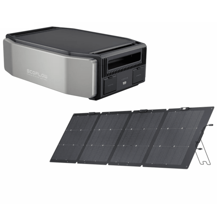 EcoFlow DELTA Pro Ultra portable power station with Bifacial 220W solar panel for outdoor energy storage and charging.