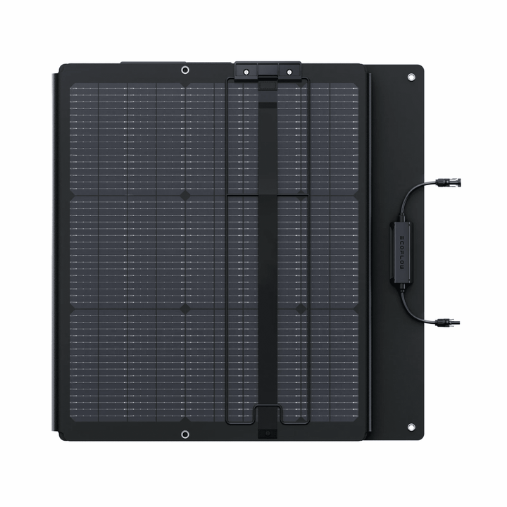 EcoFlow DELTA Pro Ultra portable power station with bifacial 220W solar panel, showing the compact battery and solar panel setup.