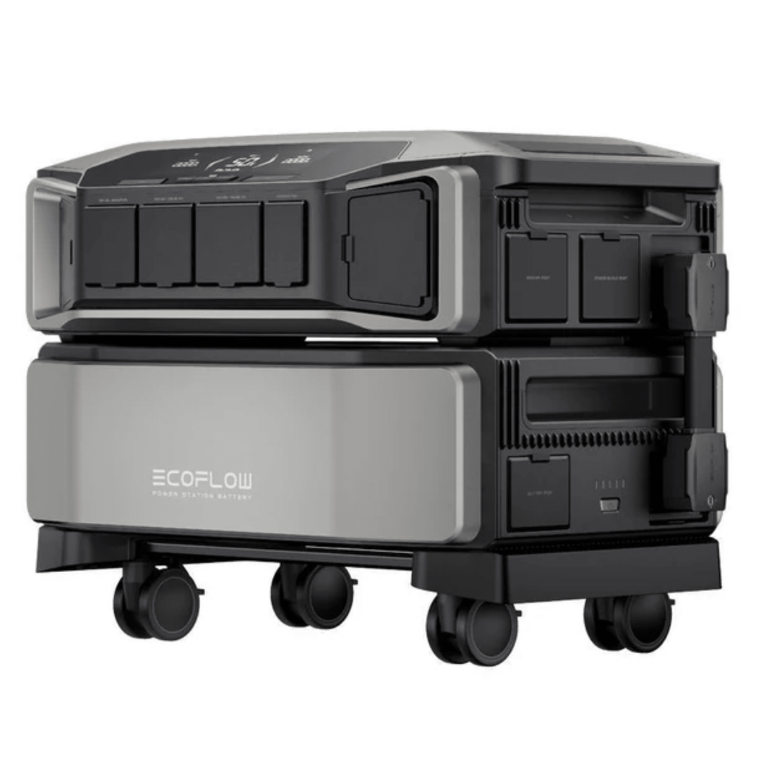 EcoFlow Delta Pro Ultra portable power stations with 15 batteries, Smart Panel 2, and 24 400W solar panels for backup power.