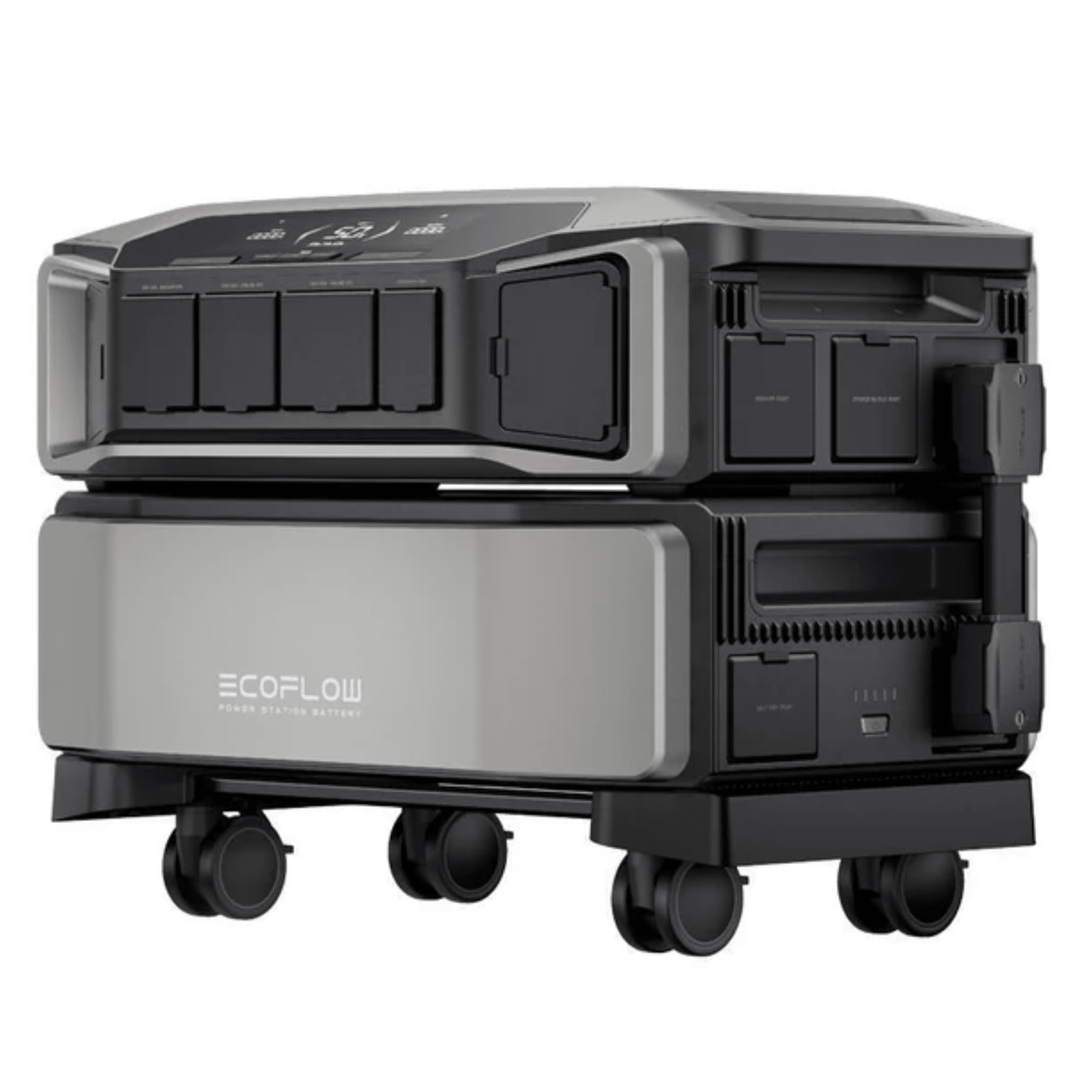 EcoFlow Delta Pro Ultra portable power stations with 15 batteries, Smart Panel 2, and 24 400W solar panels for backup power.