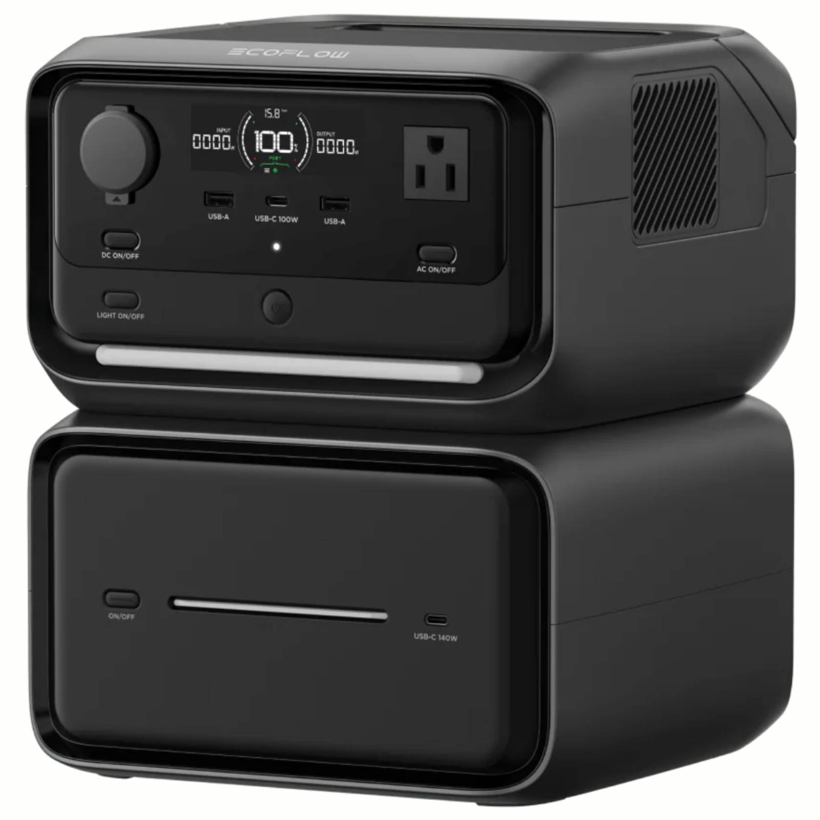 EcoFlow RIVER 3 Max Plus portable power station showing compact design, digital display, and multiple output ports.