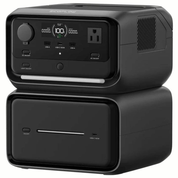 EcoFlow RIVER 3 Max Plus portable power station showing compact design, digital display, and multiple output ports.