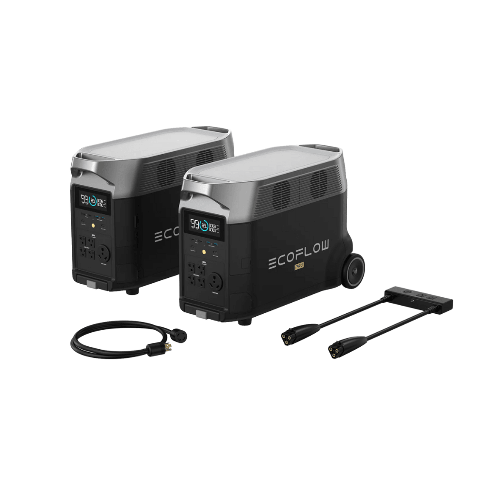 Two EcoFlow Delta Pro portable power stations with double voltage hub, showing their compact design and connection ports.
