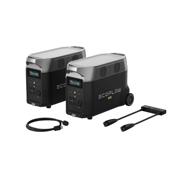 Two EcoFlow Delta Pro portable power stations with double voltage hub, showing their compact design and connection ports.