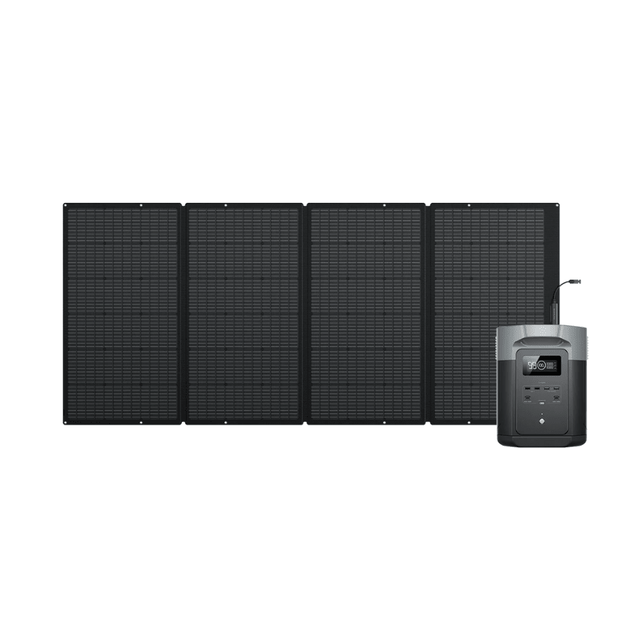EcoFlow DELTA 2 Max portable power station with 2048Wh capacity and 400W solar panel for renewable energy charging.