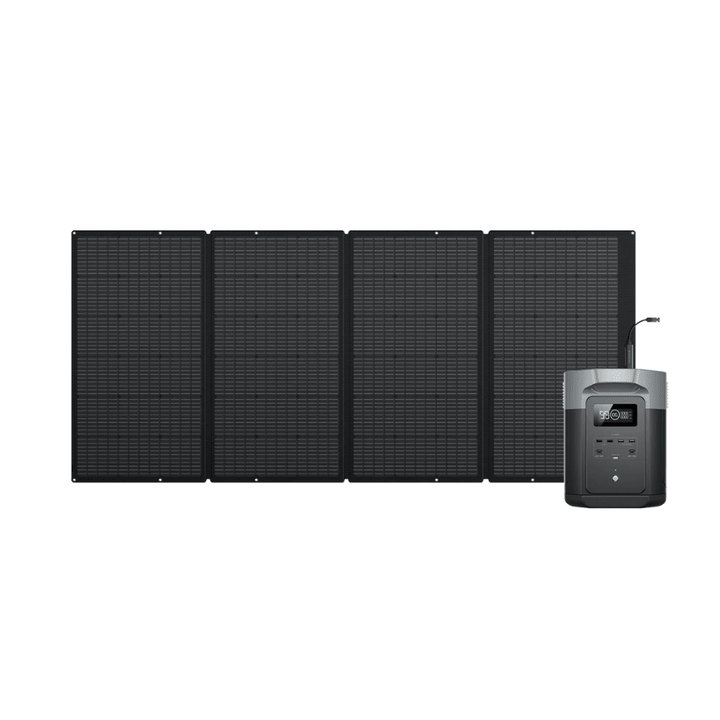 EcoFlow DELTA 2 Max portable power station with 2048Wh capacity and 400W solar panel for renewable energy charging.
