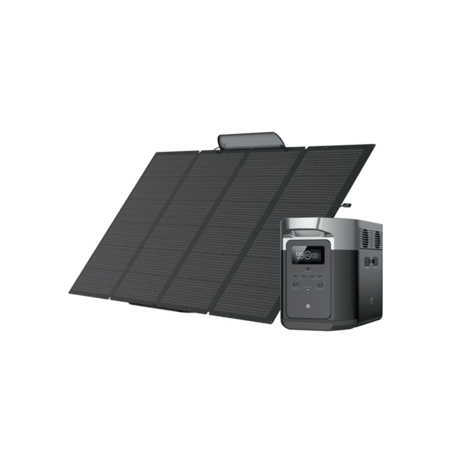 EcoFlow DELTA 2 Max portable power station with 2048Wh capacity and 400W solar panel for renewable energy and outdoor power.