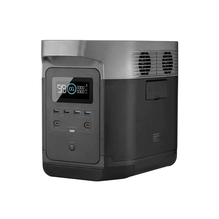 EcoFlow DELTA 2 Max portable power station with 2048Wh capacity and 400W solar panel for renewable energy.