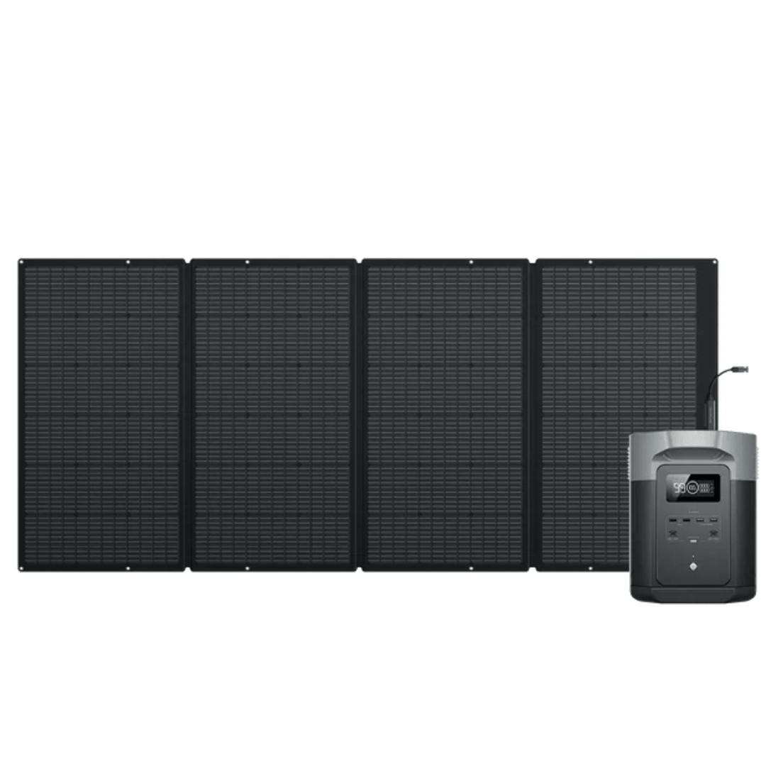 EcoFlow DELTA 2 Max portable power station 2048Wh with a 400W solar panel for renewable energy and outdoor power needs.
